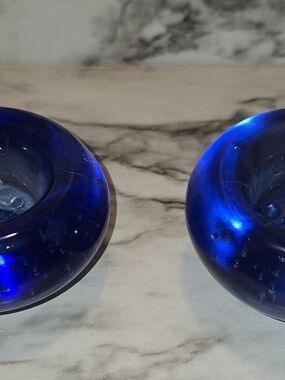 Blue Art Glass Controlled Bubble Votive Tea Light Candle Holder Paperweight